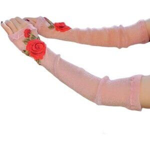 Women's A-G-Pink Rose Red Flowers Embroidered Lace Glove Cocktail Party Costumes